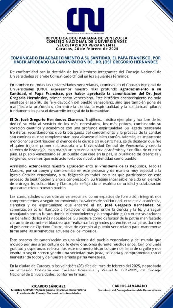 Comunicado CNU canonización Dr. José Gregorio Hernandez