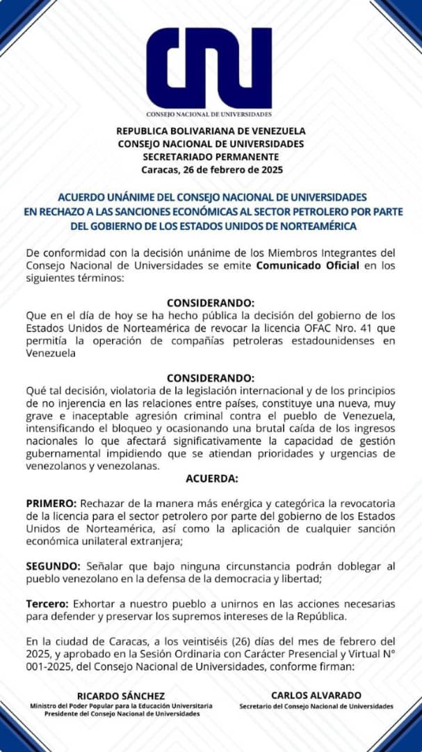 Rechazo a sanciones económicas sector petrolero