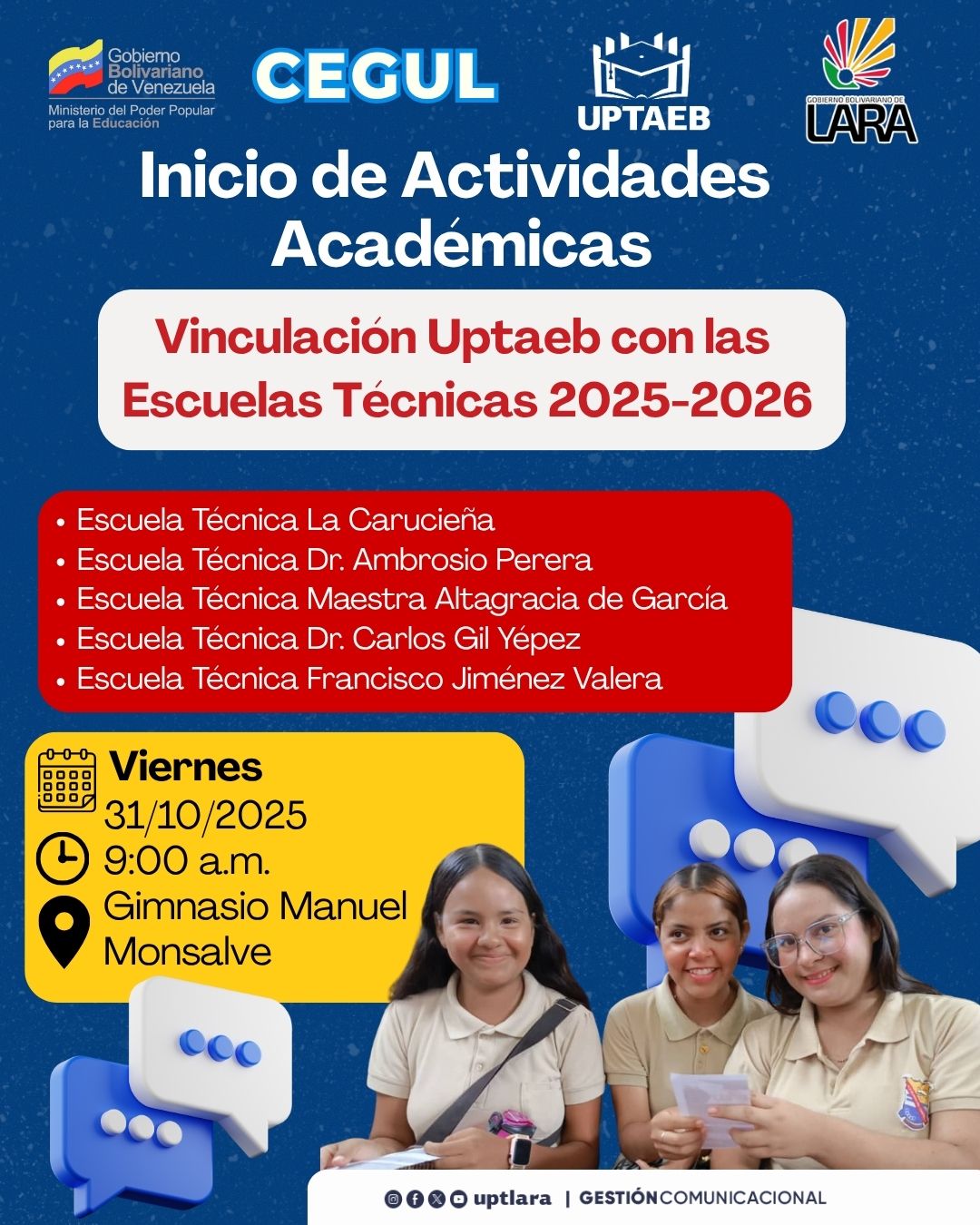 Inicio de actividades académicas, vinculación Uptaeb con las escuelas técnicas 2025-2026